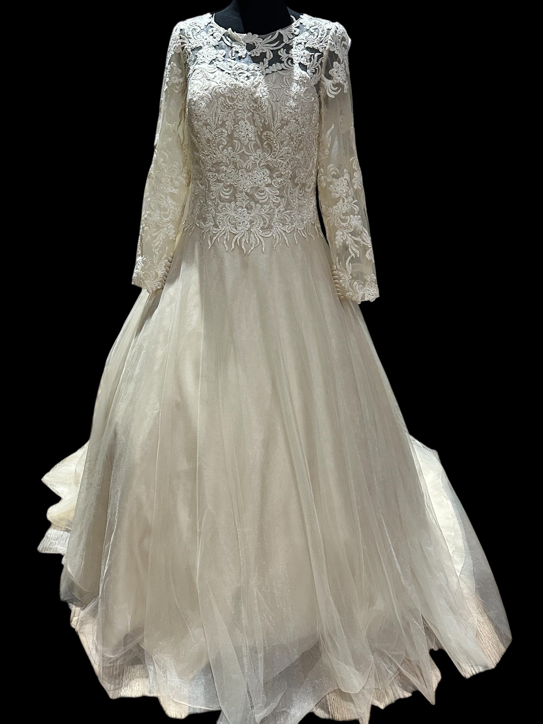 JJ’s House Long Sleeve Lace A-Line Wedding Dress with Illusion Back & Train SIZE 10
