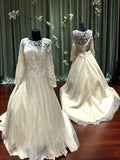 JJ’s House Long Sleeve Lace A-Line Wedding Dress with Illusion Back & Train SIZE 10