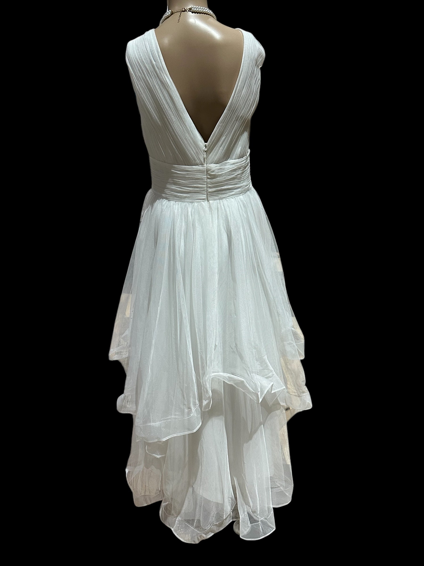 JJ’s House Chiffon High-Low Wedding Dress – V Neck, Open Back, Flowing Skirt- SIZE  16