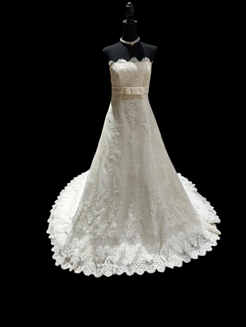 La Sposa Pronovias Lace A-Line Wedding Dress w/ Straight Neckline, Button Back & Chapel Train SIZE 14