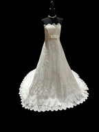 La Sposa Pronovias Lace A-Line Wedding Dress w/ Straight Neckline, Button Back & Chapel Train SIZE 14