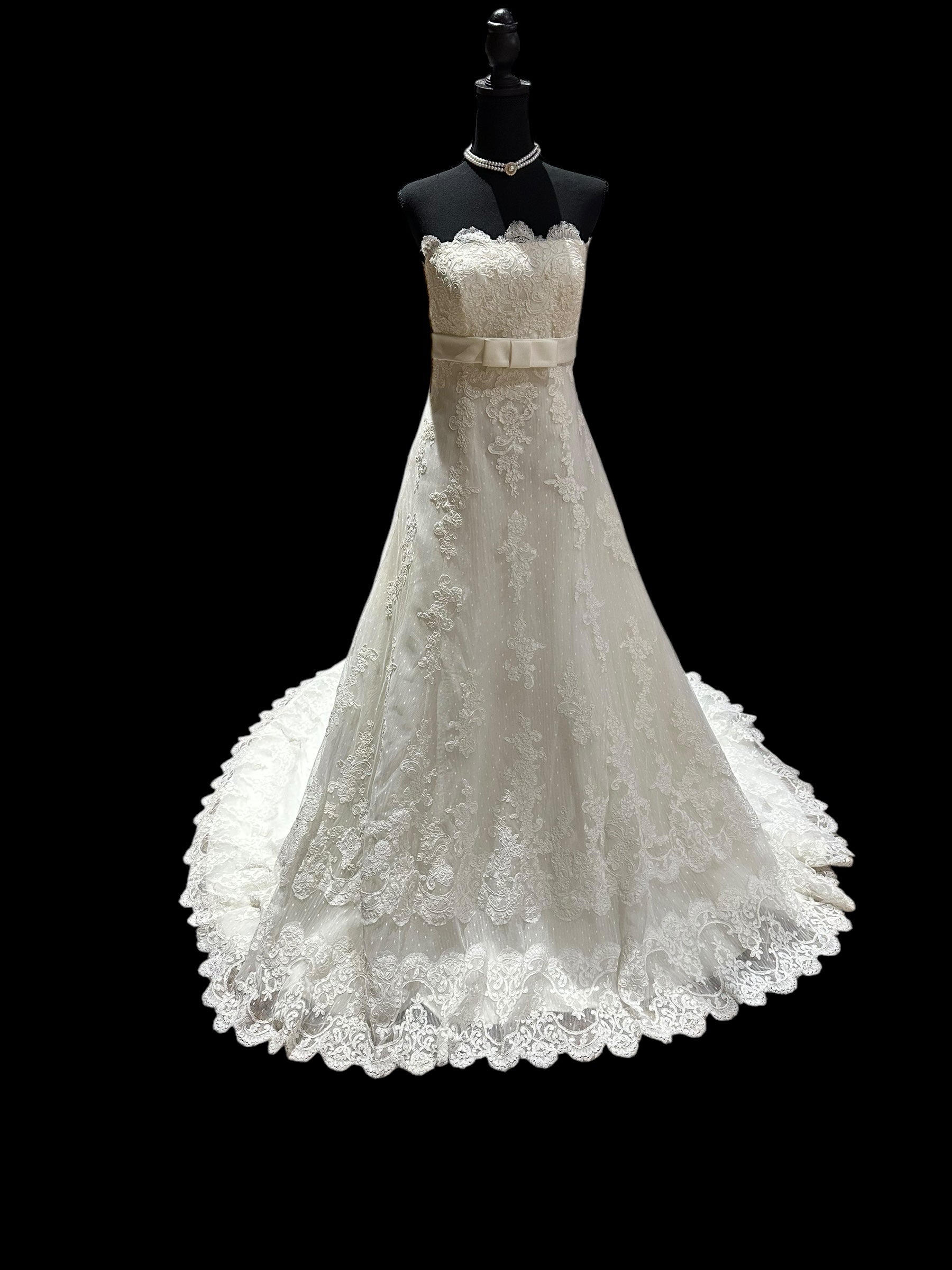 La Sposa Pronovias Lace A-Line Wedding Dress w/ Straight Neckline, Button Back & Chapel Train SIZE 14