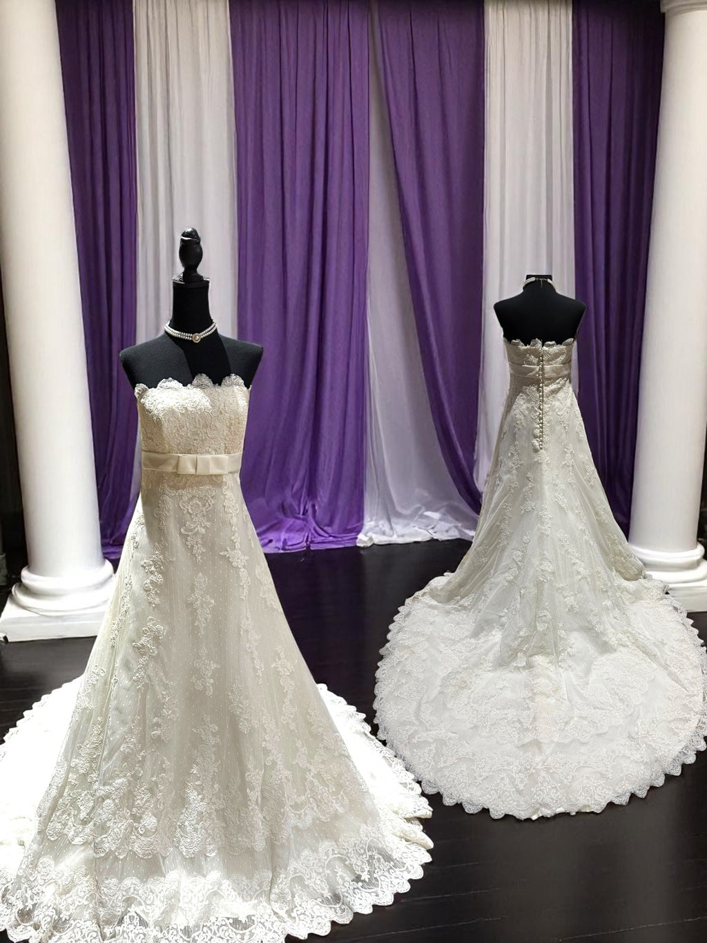 La Sposa Pronovias Lace A-Line Wedding Dress w/ Straight Neckline, Button Back & Chapel Train SIZE 14