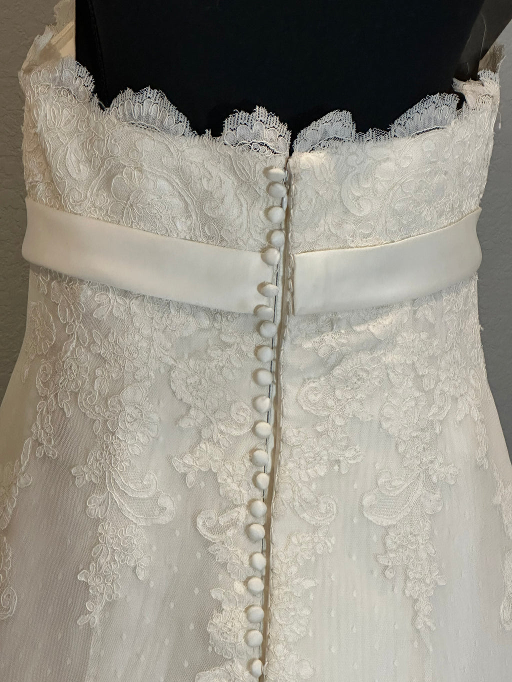 La Sposa Pronovias Lace A-Line Wedding Dress w/ Straight Neckline, Button Back & Chapel Train SIZE 14