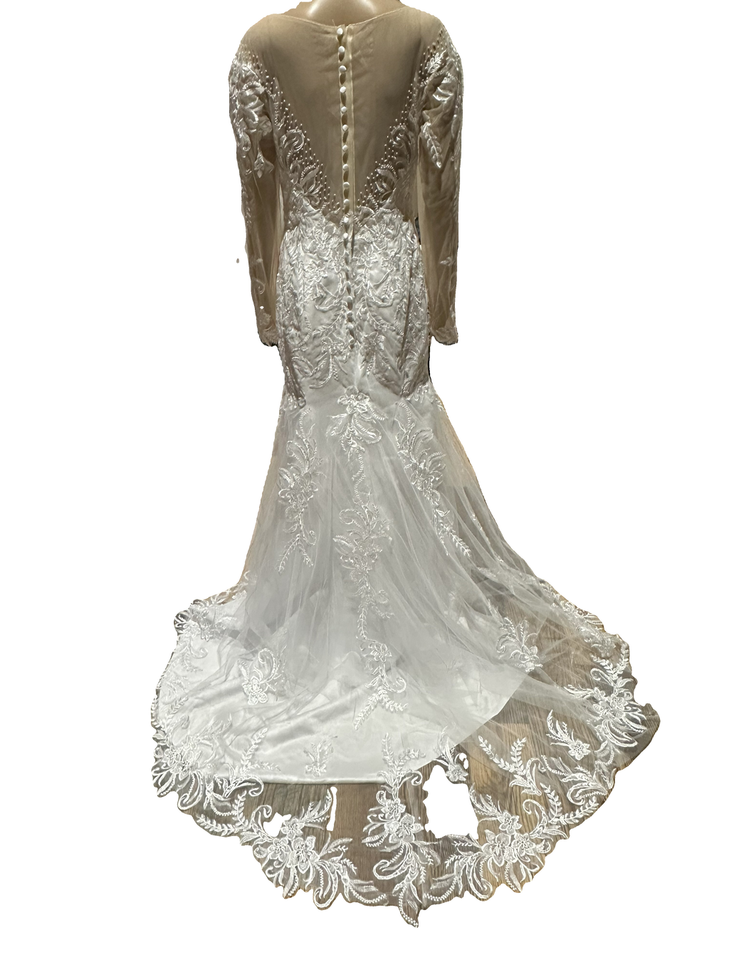 Illusion Long Sleeve Lace Mermaid Wedding Dress with Sheer Back & Scalloped Train SIZE 12