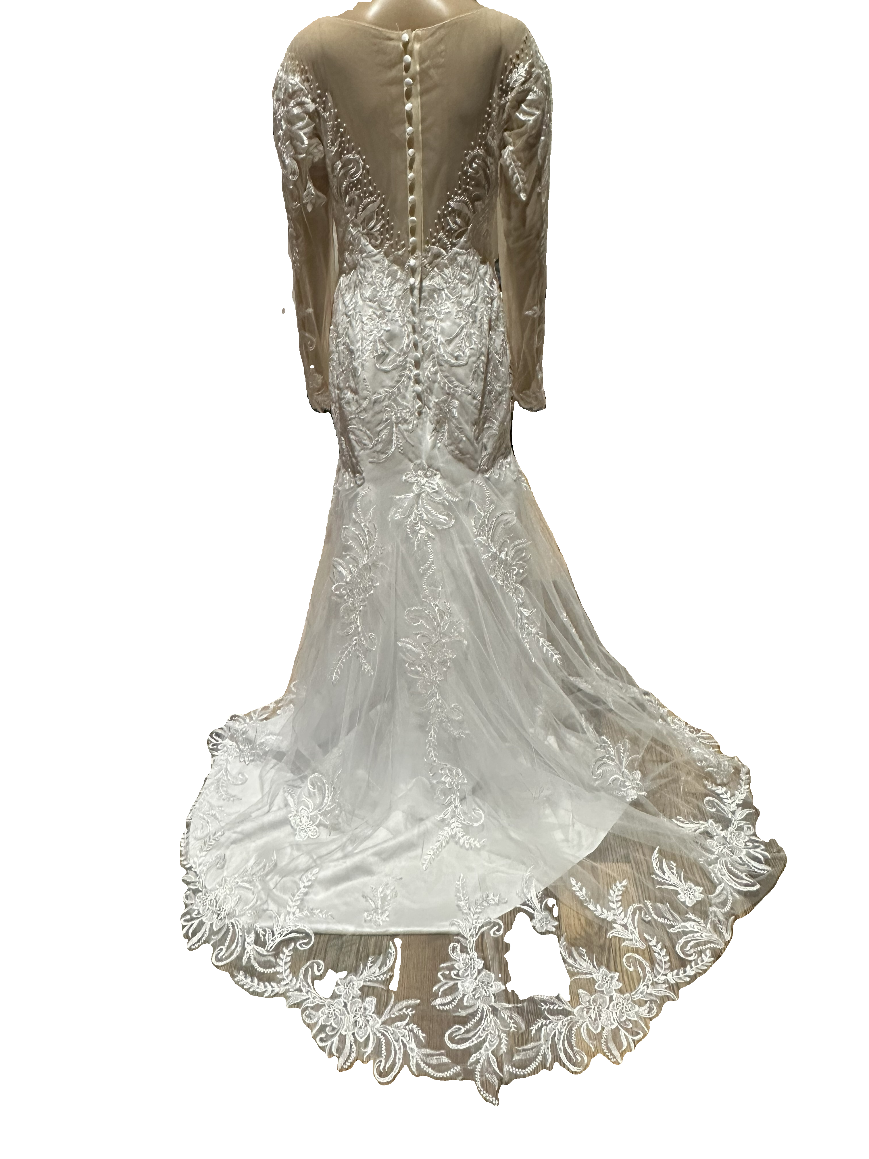Illusion Long Sleeve Lace Mermaid Wedding Dress with Sheer Back & Scalloped Train SIZE 12