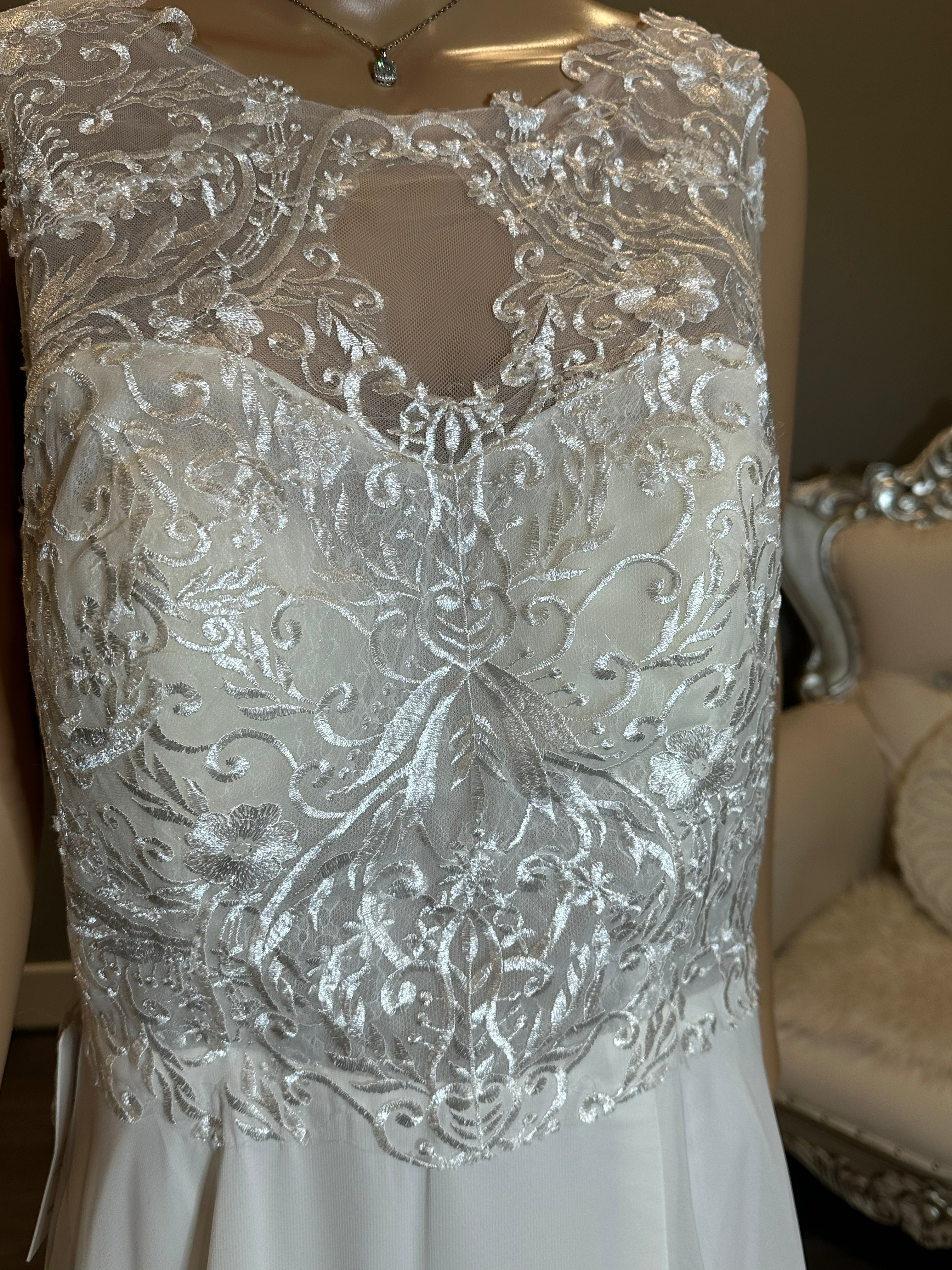 A-line Gown with Beautiful Slit with High Lace Neckline and V-Neck Back with Lace SIZE 6
