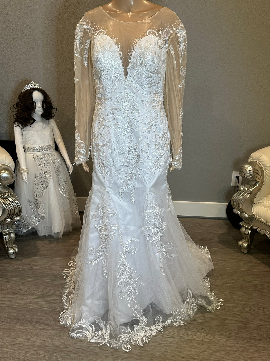 Illusion Long Sleeve Lace Mermaid Wedding Dress with Sheer Back & Scalloped Train SIZE 12