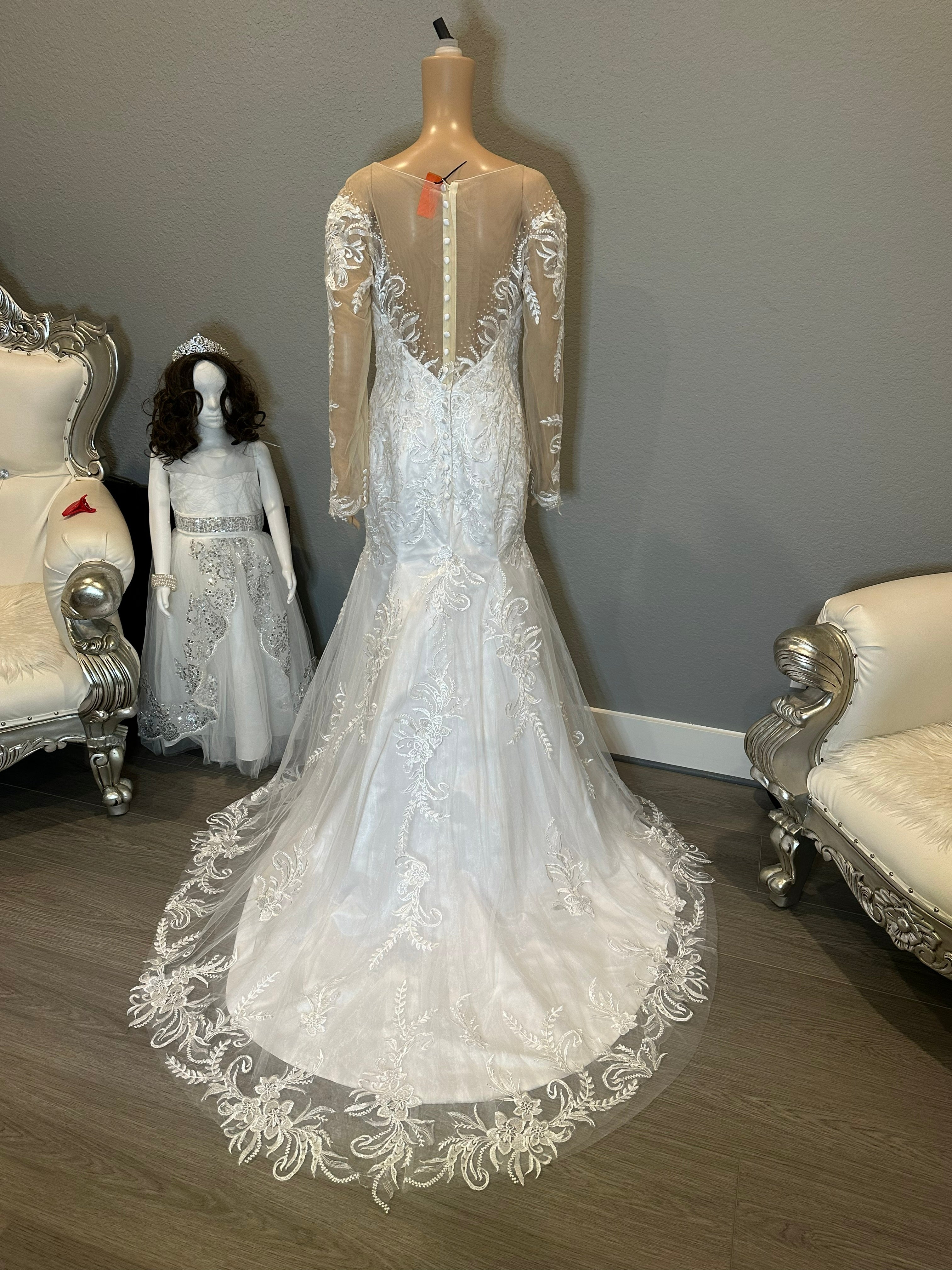 Illusion Long Sleeve Lace Mermaid Wedding Dress with Sheer Back & Scalloped Train SIZE 12
