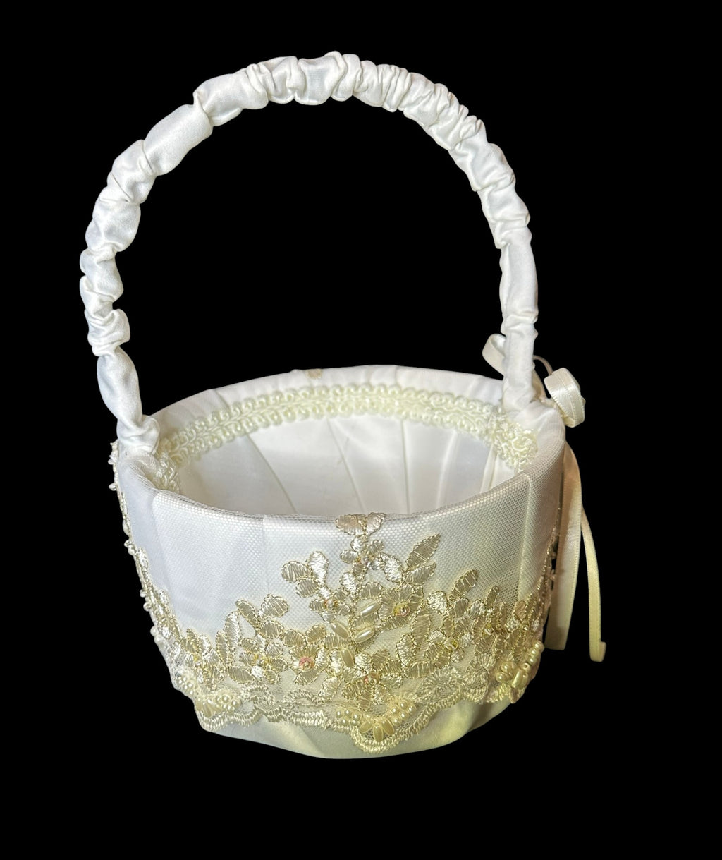 Elegant Lace & Pearl Flower Girl Basket