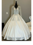 Long Sleeve Ball Gown Wedding Dress – Satin Skirt, Illusion Lace Bodice, Open Back-SIZE 14