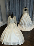 Long Sleeve Ball Gown Wedding Dress – Satin Skirt, Illusion Lace Bodice, Open Back-SIZE 14