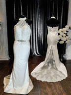 Loyeloy Elegant High Neck Mermaid Wedding Dress – Lace Bodice, Satin Skirt & Illusion Train- SIZE 12