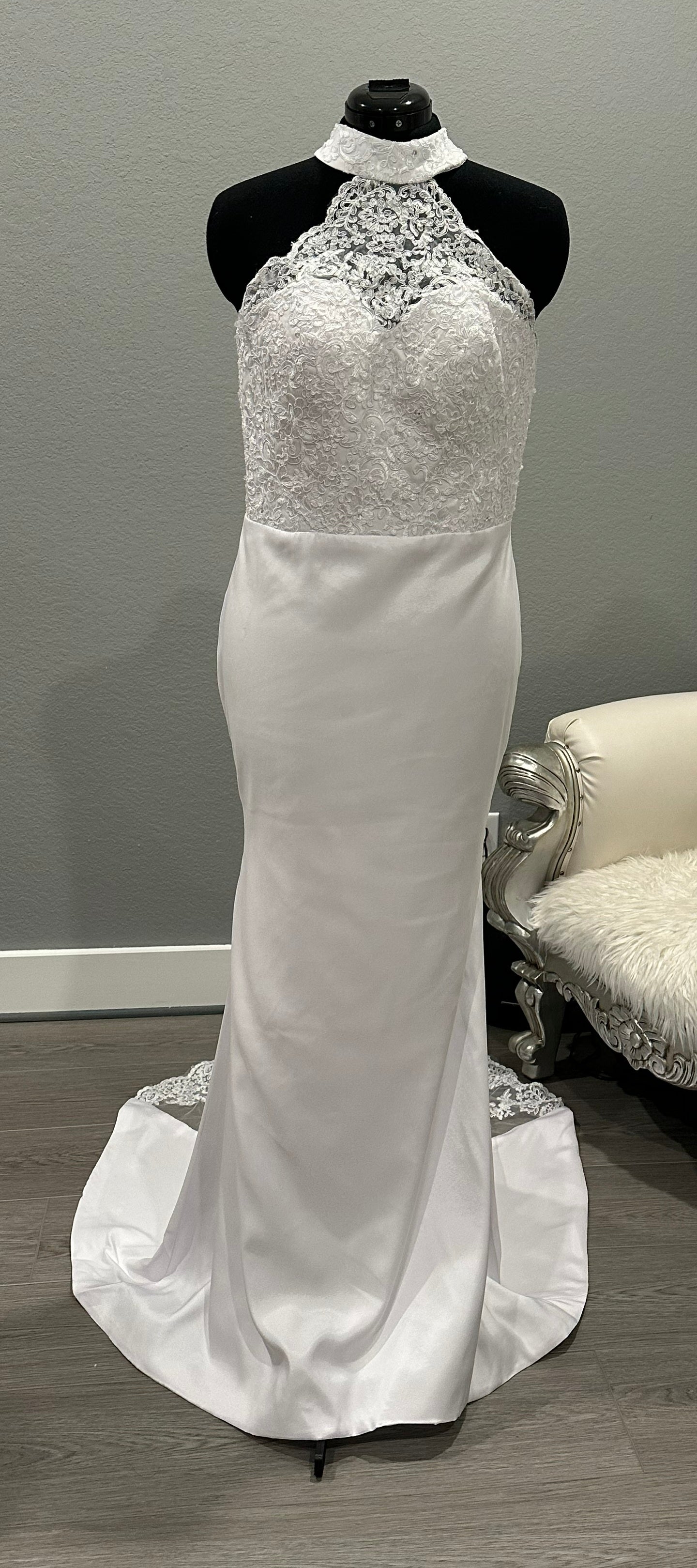 Loyeloy Elegant High Neck Mermaid Wedding Dress – Lace Bodice, Satin Skirt & Illusion Train- SIZE 12