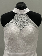 Loyeloy Elegant High Neck Mermaid Wedding Dress – Lace Bodice, Satin Skirt & Illusion Train- SIZE 12