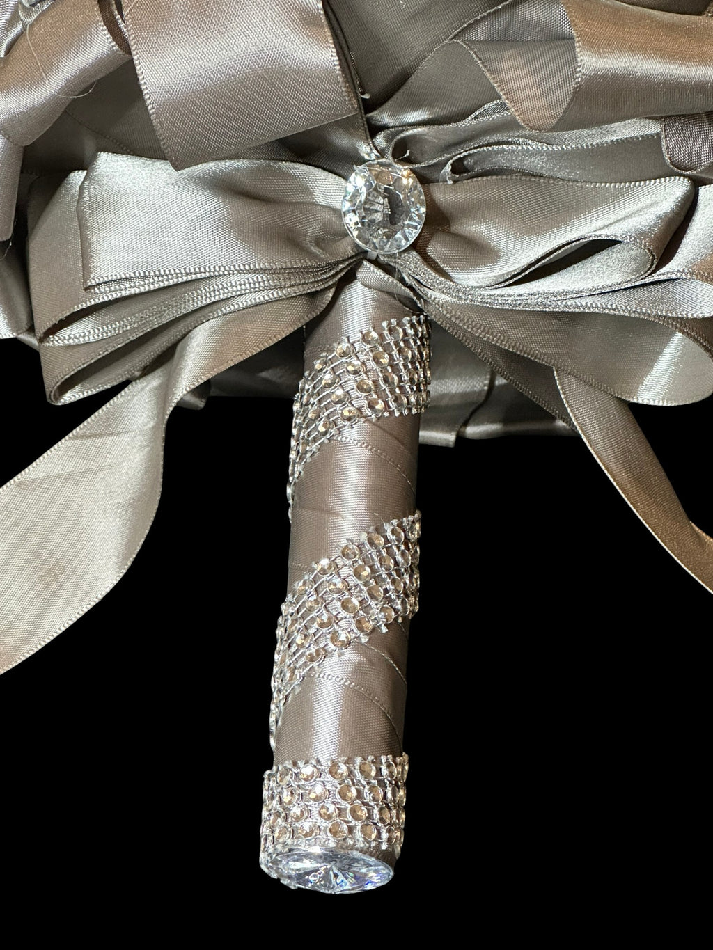 Silver Satin Rose Bud Bridal Bouquet with Crystal Accents