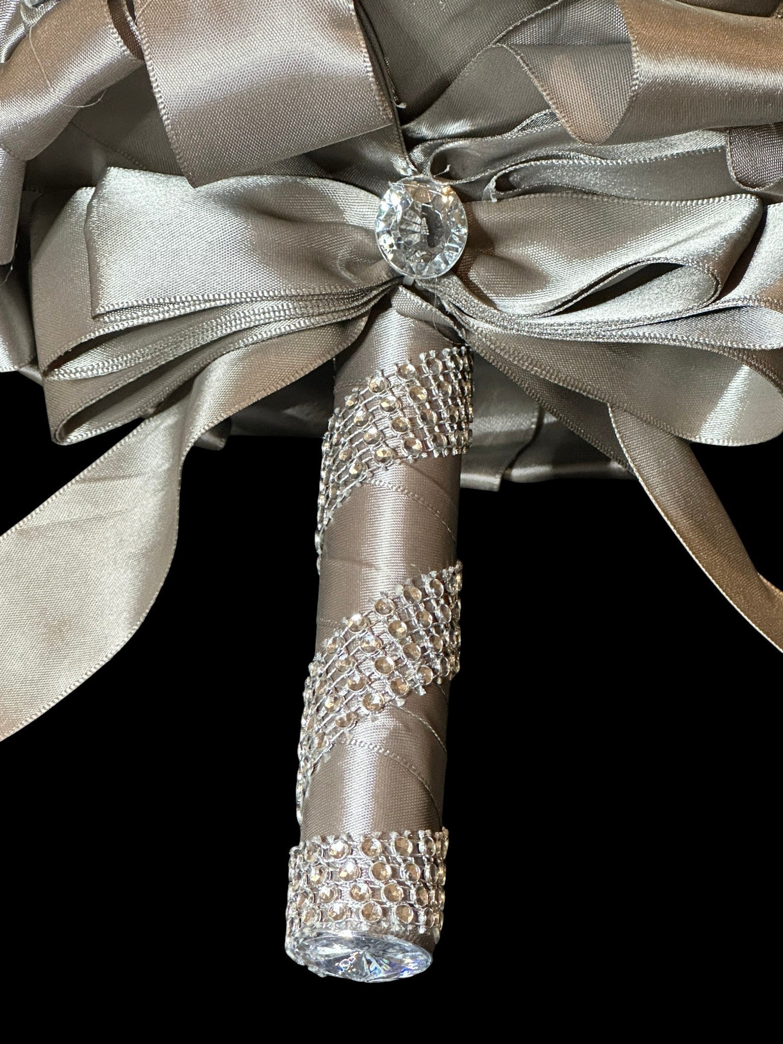 Silver Satin Rose Bud Bridal Bouquet with Crystal Accents
