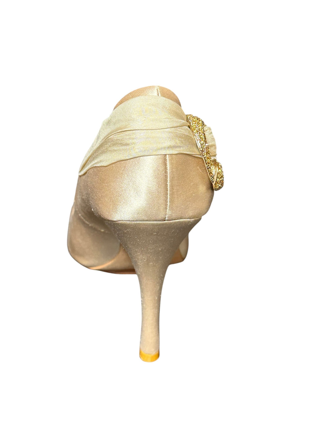 Badgley Mischka Vero Cuoio Champagne Satin Heels – Crystal Embellished Peep Toe Pumps- SIZE 10
