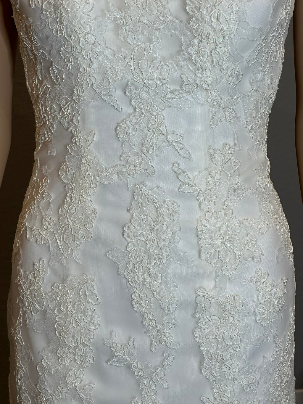 Martina Liana Lace Mermaid Wedding Dress – V Neck, Low Back, Button Detail, Ivory- SIZE 2