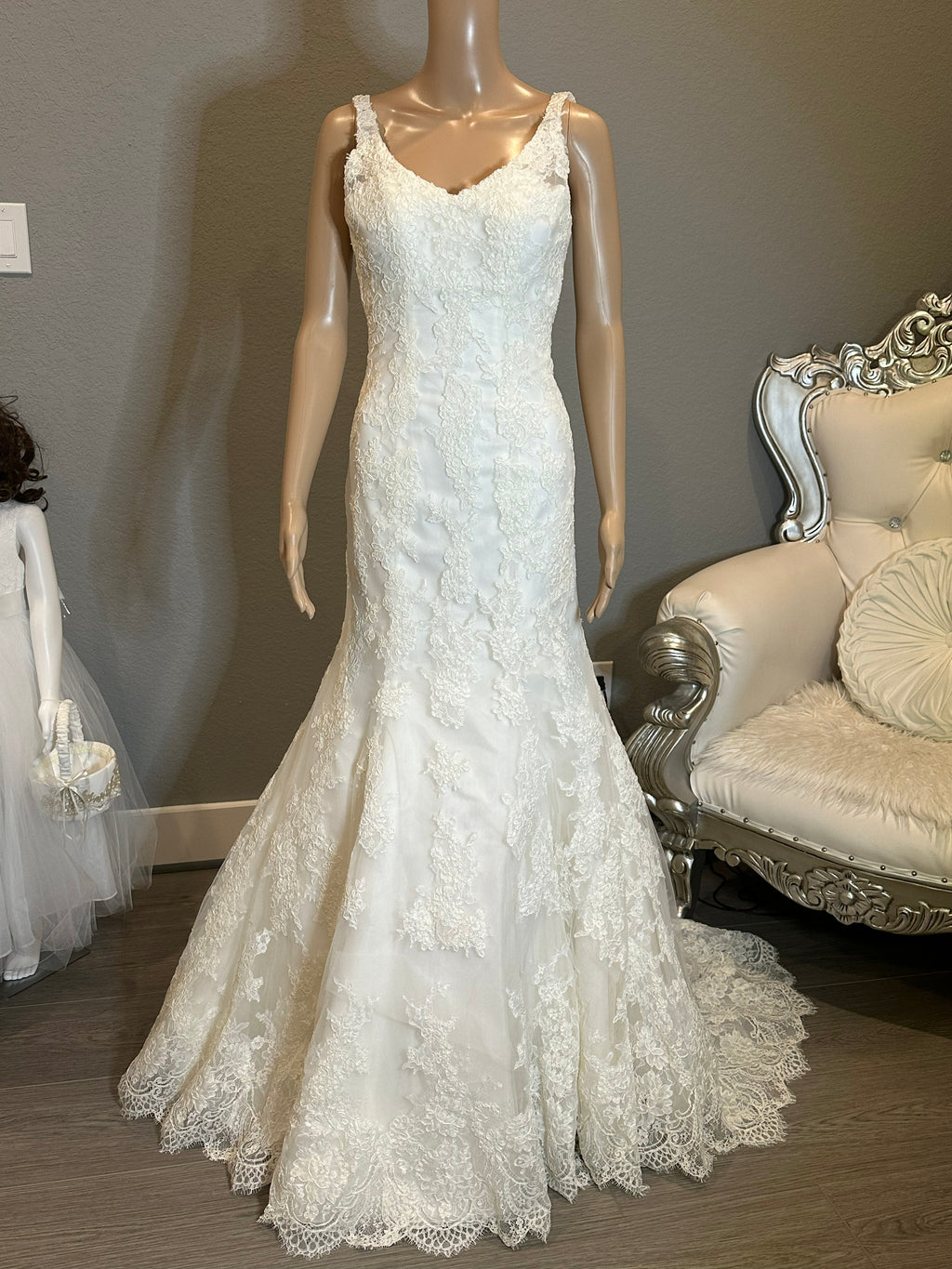Martina Liana Lace Mermaid Wedding Dress – V Neck, Low Back, Button Detail, Ivory- SIZE 2