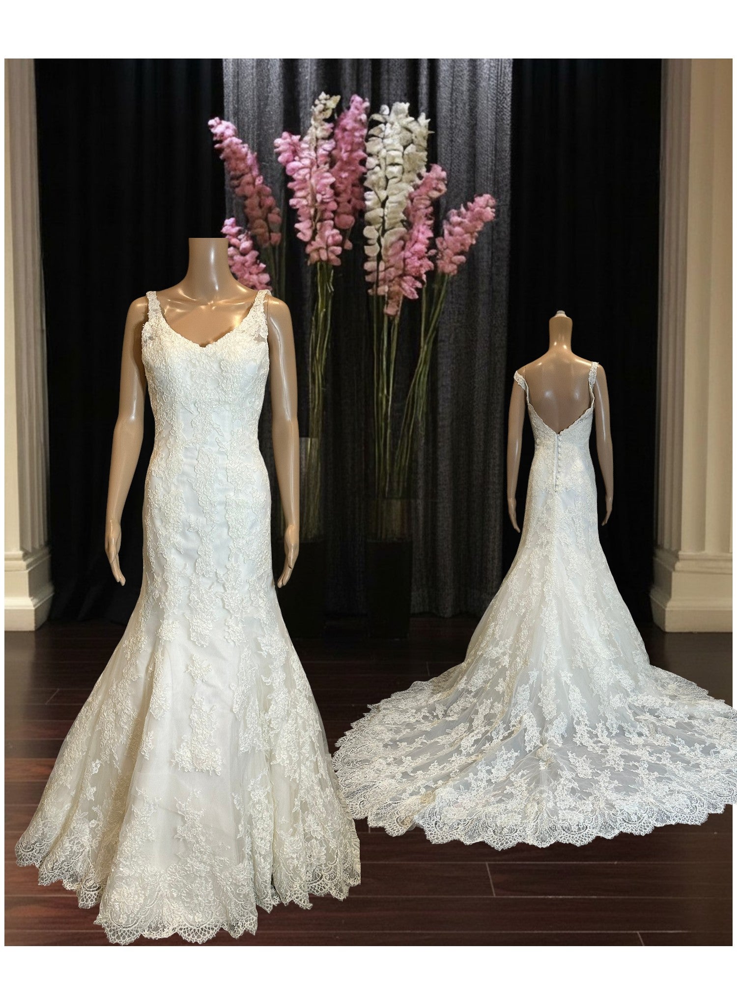 Martina Liana Lace Mermaid Wedding Dress – V Neck, Low Back, Button Detail, Ivory- SIZE 2
