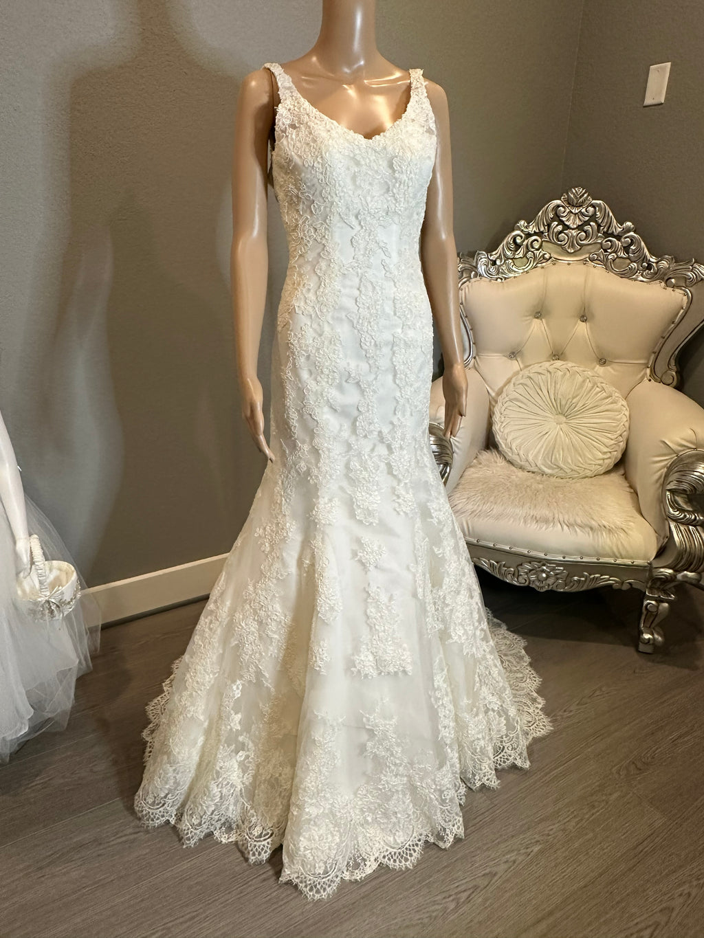 Martina Liana Lace Mermaid Wedding Dress – V Neck, Low Back, Button Detail, Ivory- SIZE 2
