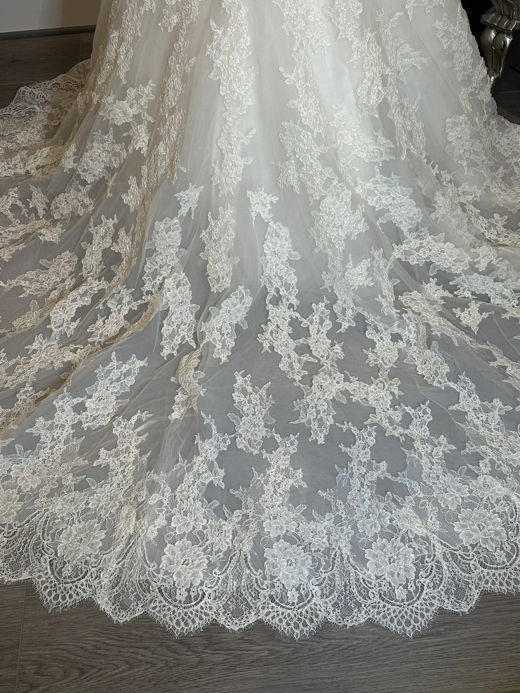 Martina Liana Lace Mermaid Wedding Dress – V Neck, Low Back, Button Detail, Ivory- SIZE 2