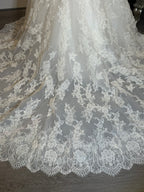 Martina Liana Lace Mermaid Wedding Dress – V Neck, Low Back, Button Detail, Ivory- SIZE 2