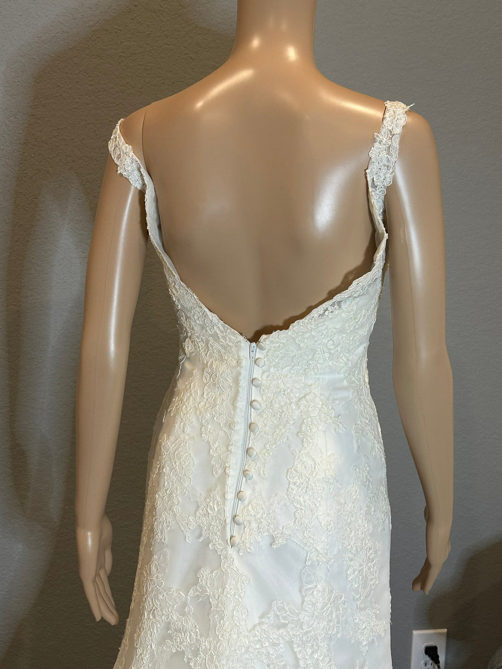 Martina Liana Lace Mermaid Wedding Dress – V Neck, Low Back, Button Detail, Ivory- SIZE 2