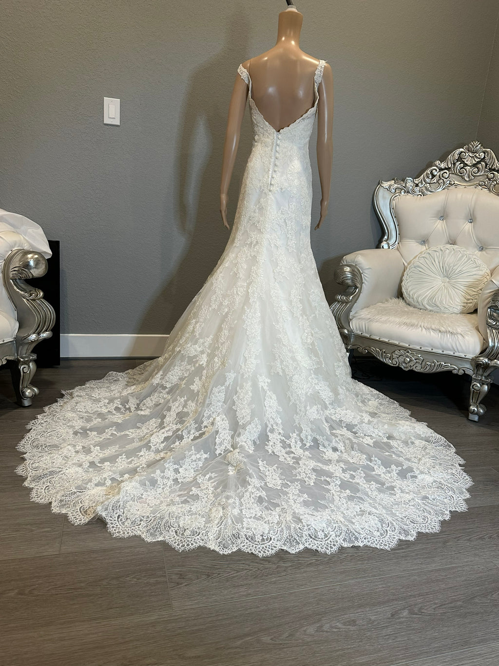 Martina Liana Lace Mermaid Wedding Dress – V Neck, Low Back, Button Detail, Ivory- SIZE 2