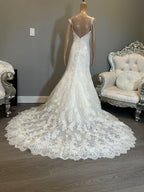 Martina Liana Lace Mermaid Wedding Dress – V Neck, Low Back, Button Detail, Ivory- SIZE 2