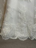 Martina Liana Lace Mermaid Wedding Dress – V Neck, Low Back, Button Detail, Ivory- SIZE 2