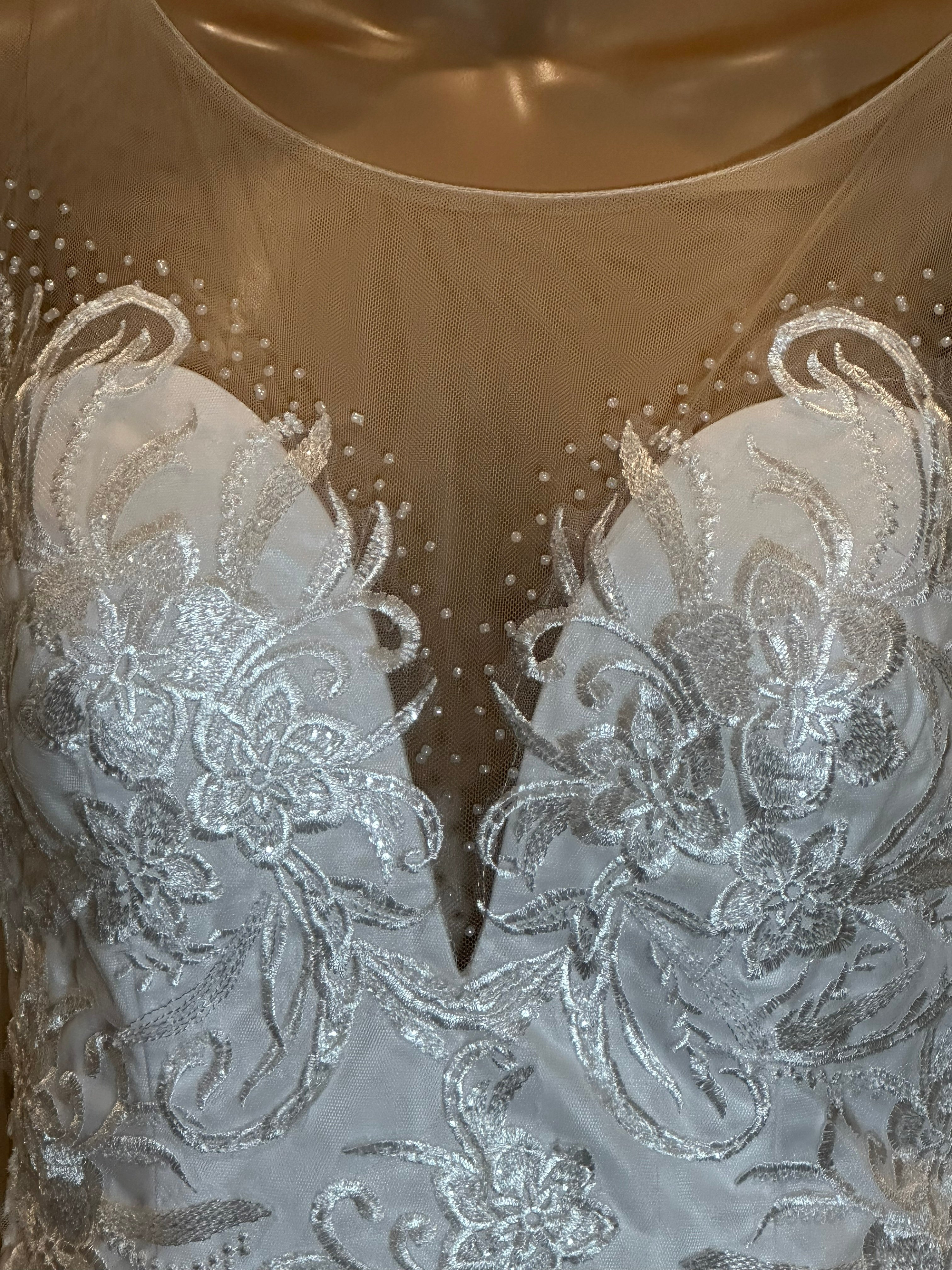 Illusion Long Sleeve Lace Mermaid Wedding Dress with Sheer Back & Scalloped Train SIZE 12