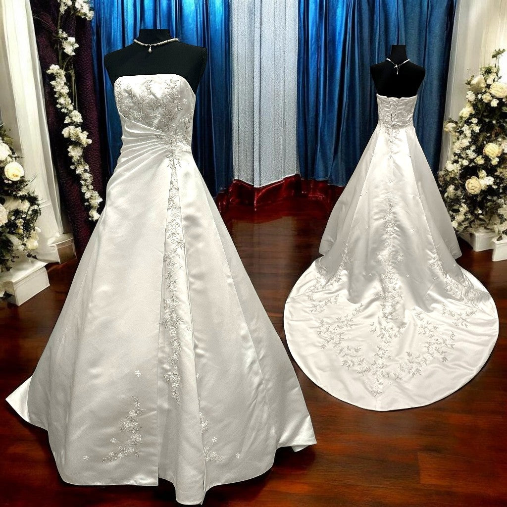 Michaelangelo David’s Bridal Strapless Satin A-Line Wedding Dress w/ Corset Back & Chapel Train SIZE 8