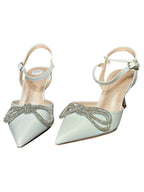 Oleg Cassini Rhinestone Bow Bridal Heels – White Pointed Toe Slingback Wedding Shoes- SIZE 6