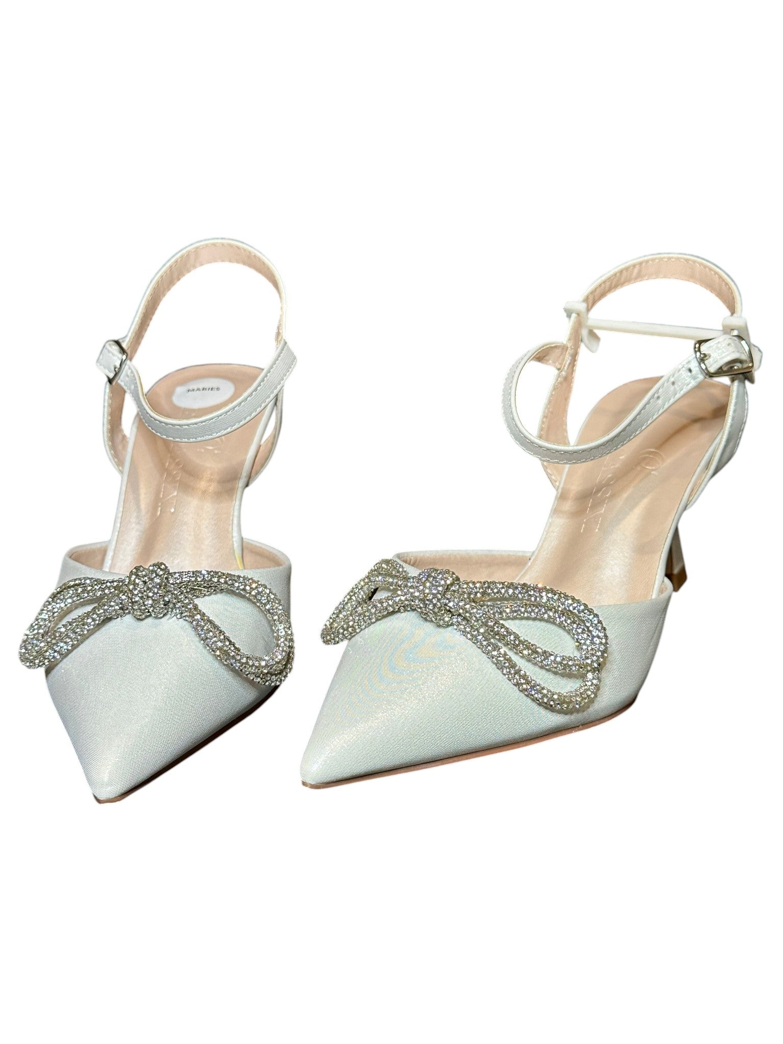 Oleg Cassini Rhinestone Bow Bridal Heels – White Pointed Toe Slingback Wedding Shoes- SIZE 6