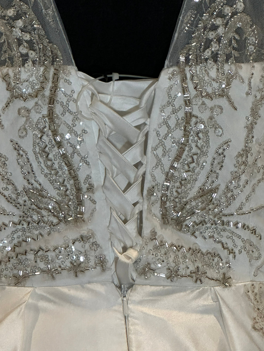 Long Sleeve Ball Gown Wedding Dress – Satin Skirt, Illusion Lace Bodice, Open Back-SIZE 14