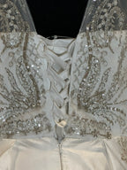 Long Sleeve Ball Gown Wedding Dress – Satin Skirt, Illusion Lace Bodice, Open Back-SIZE 14