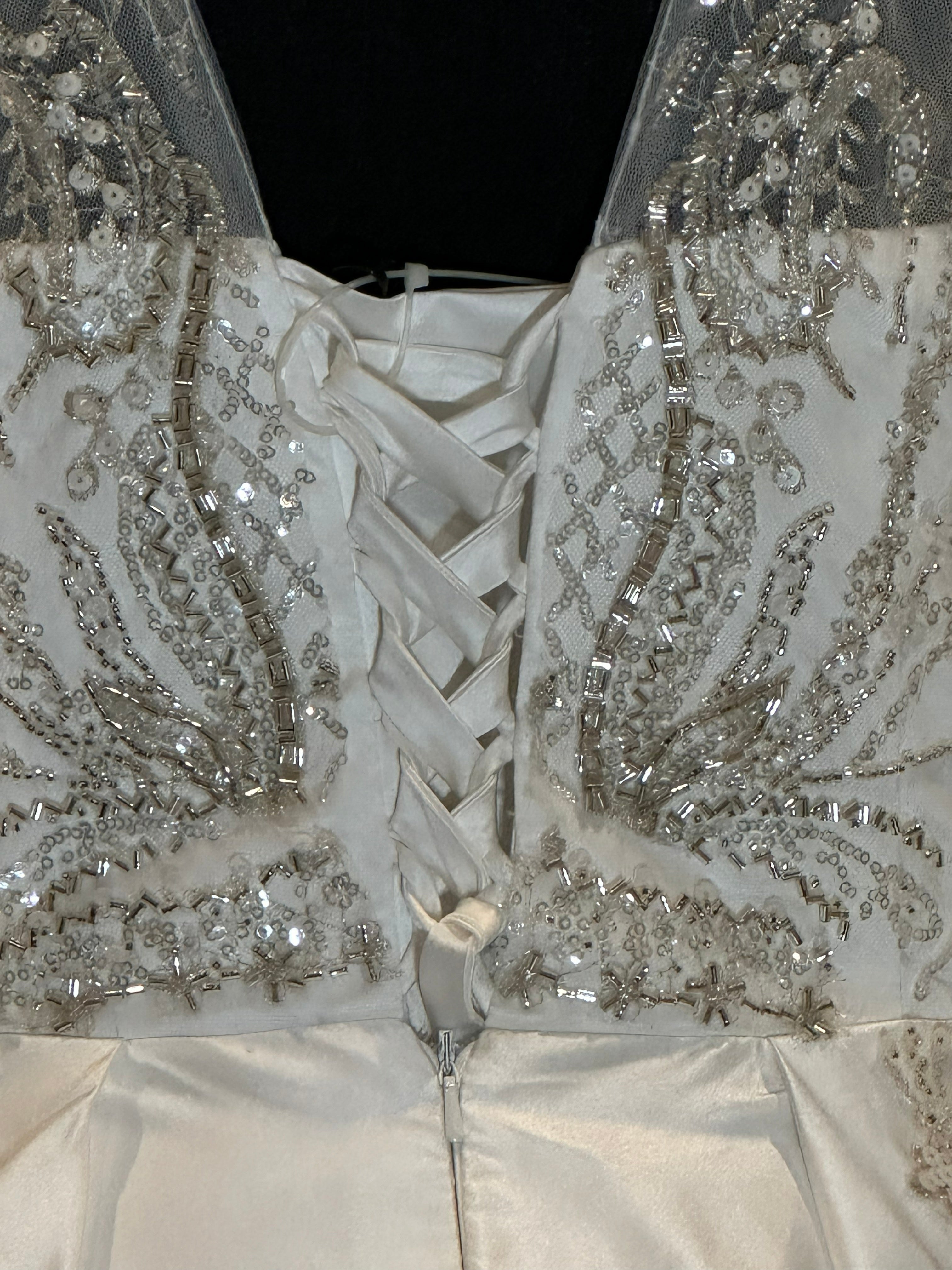 Long Sleeve Ball Gown Wedding Dress – Satin Skirt, Illusion Lace Bodice, Open Back-SIZE 14