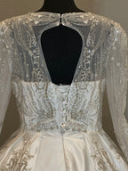 Long Sleeve Ball Gown Wedding Dress – Satin Skirt, Illusion Lace Bodice, Open Back-SIZE 14