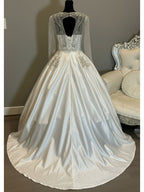 Long Sleeve Ball Gown Wedding Dress – Satin Skirt, Illusion Lace Bodice, Open Back-SIZE 14