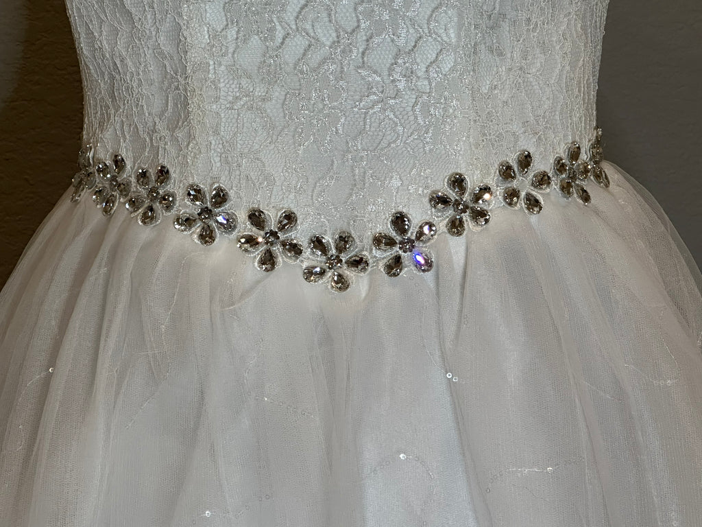 Park Bravo Tea-Length Wedding Dress – Lace Bodice, Illusion Neckline, Tulle Skirt- SIZE 18