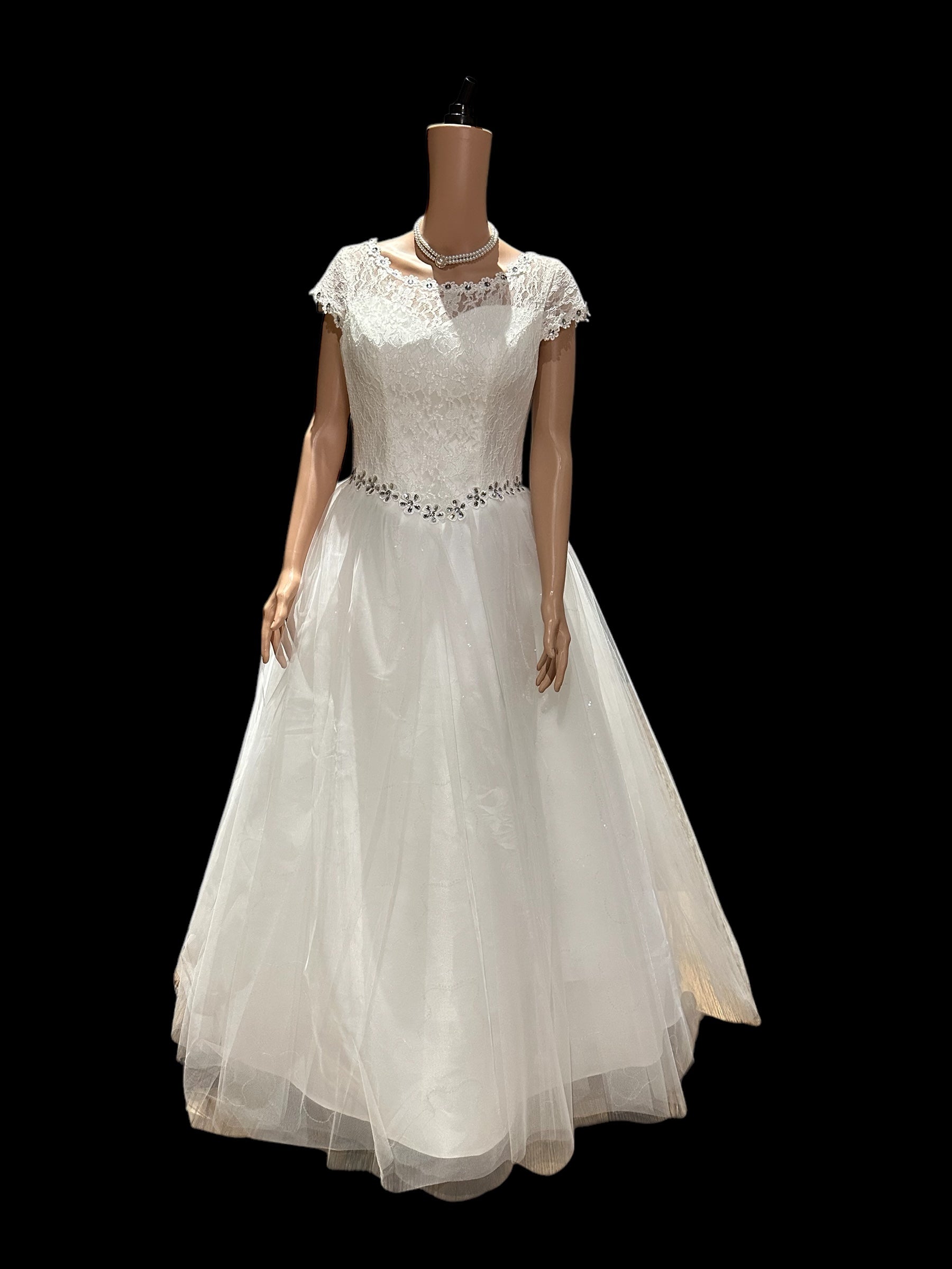 Park Bravo Tea-Length Wedding Dress – Lace Bodice, Illusion Neckline, Tulle Skirt- SIZE 18