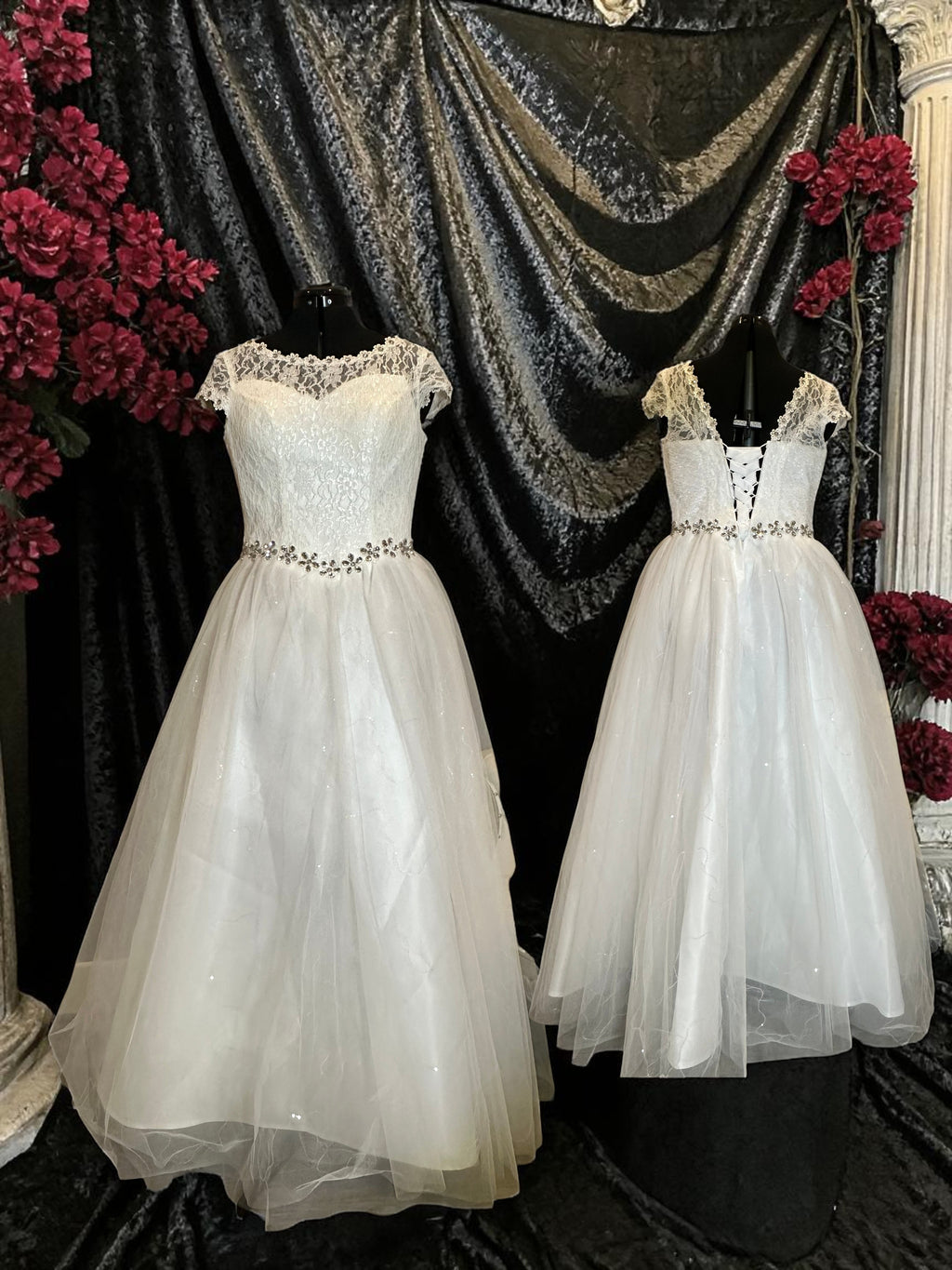 Park Bravo Tea-Length Wedding Dress – Lace Bodice, Illusion Neckline, Tulle Skirt- SIZE 18
