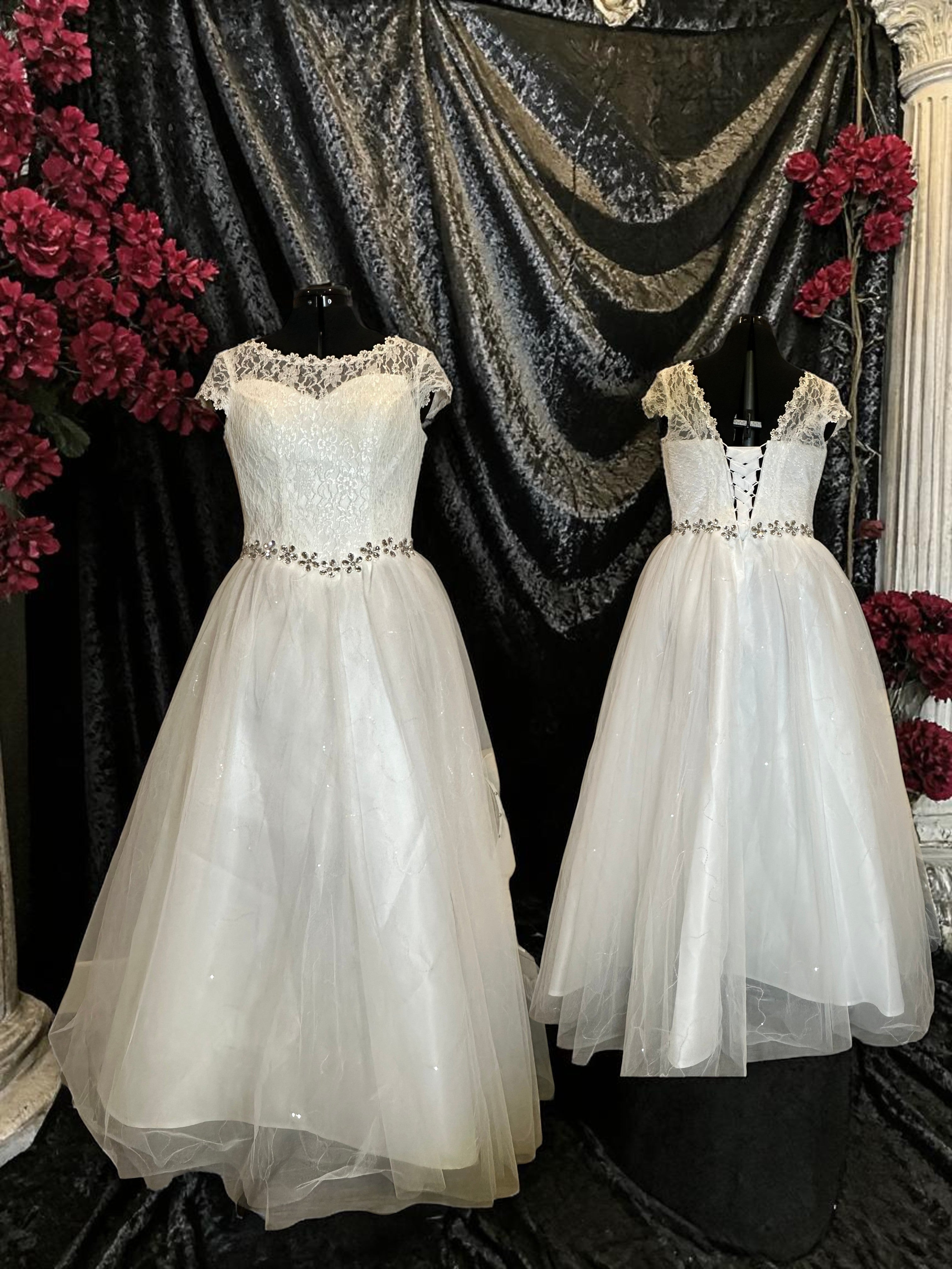 Park Bravo Tea-Length Wedding Dress – Lace Bodice, Illusion Neckline, Tulle Skirt- SIZE 18
