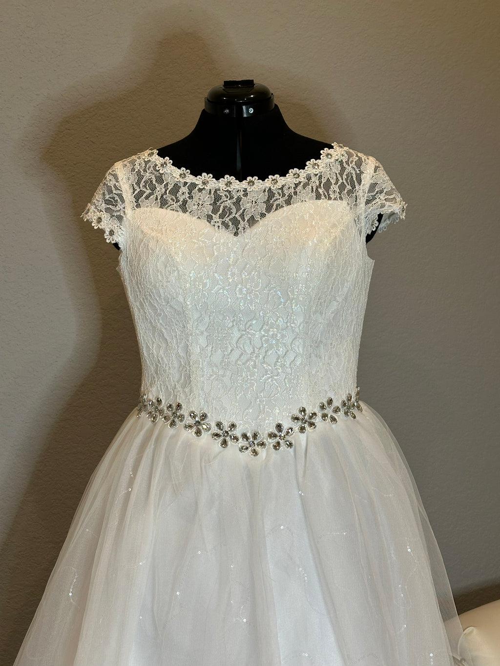 Park Bravo Tea-Length Wedding Dress – Lace Bodice, Illusion Neckline, Tulle Skirt- SIZE 18