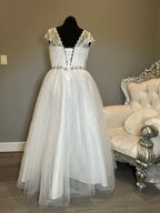 Park Bravo Tea-Length Wedding Dress – Lace Bodice, Illusion Neckline, Tulle Skirt- SIZE 18