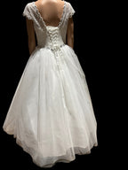 Park Bravo Tea-Length Wedding Dress – Lace Bodice, Illusion Neckline, Tulle Skirt- SIZE 18