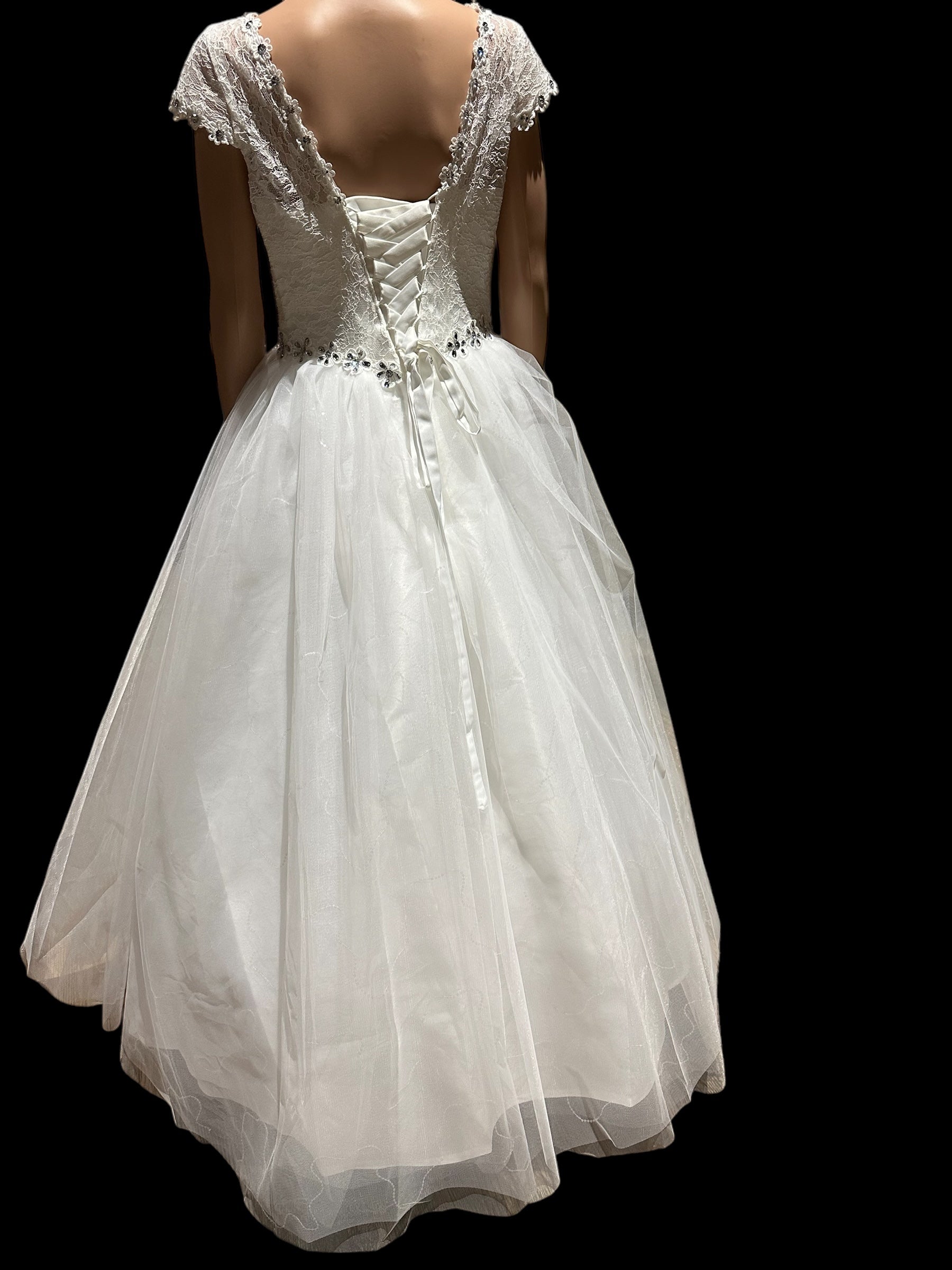 Park Bravo Tea-Length Wedding Dress – Lace Bodice, Illusion Neckline, Tulle Skirt- SIZE 18