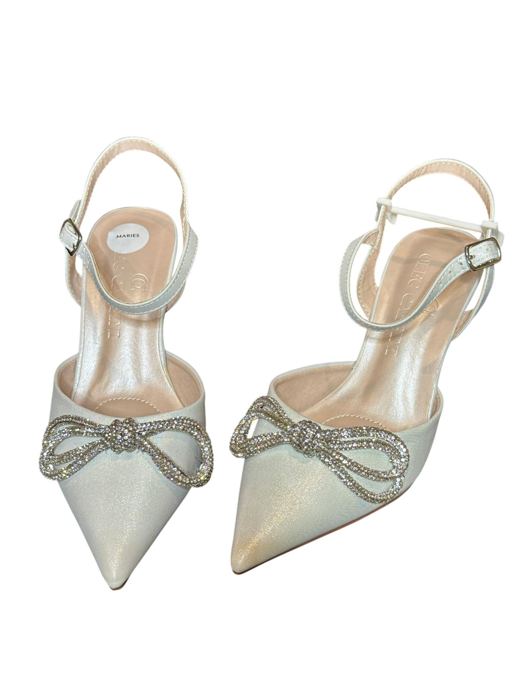 Oleg Cassini Rhinestone Bow Bridal Heels – White Pointed Toe Slingback Wedding Shoes- SIZE 6